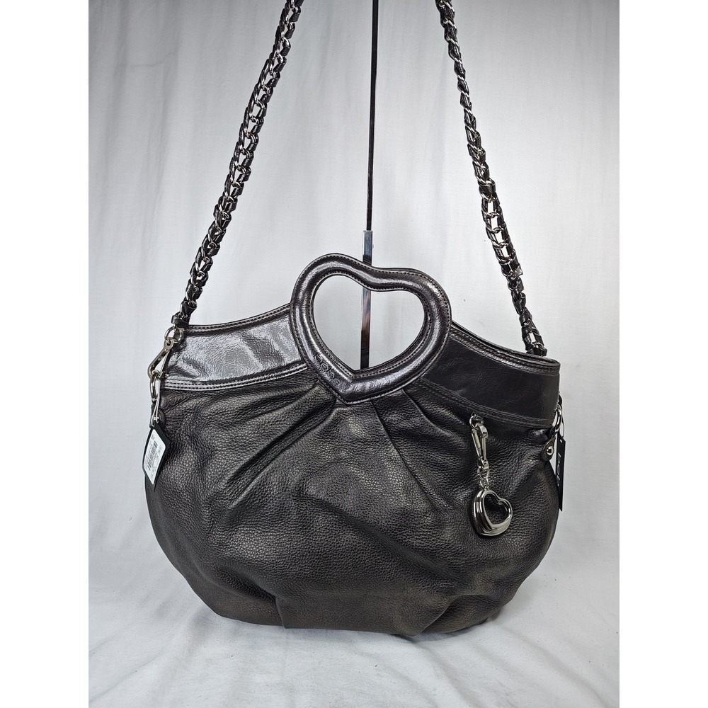 bebe He Loves Me Heart Tote Brown Cowhide Leather Chain Strap Shoulder Bag NWT